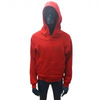 Red bespoke V-neck hoodie displayed on mannequin with tailored fit and structured neckline.